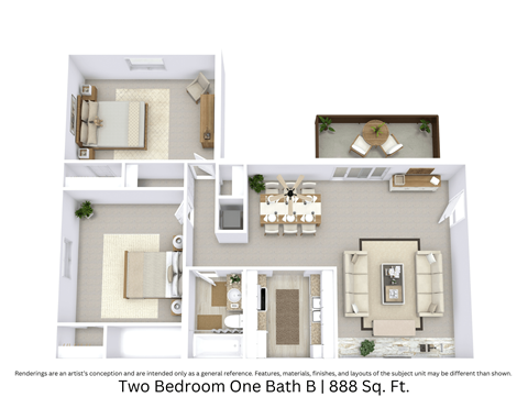 Floor plan for 2 beds, 1 bath, 888 sqft